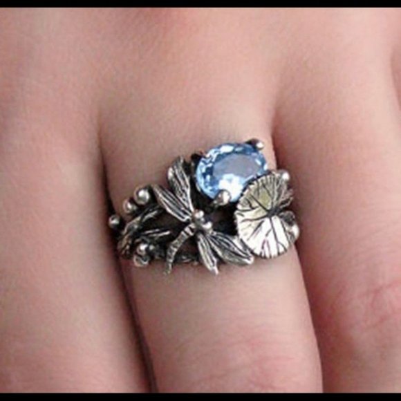 Vtg Style Dragonfly Aquamarine Ring sz 6 - Picture 2 of 12